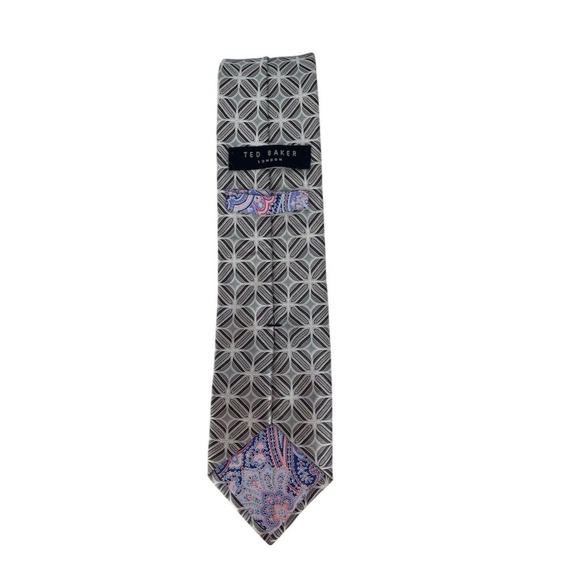Ted Baker London Men's 100% Silk Tie Silver Black Geometric Pattern - Picture 5 of 7